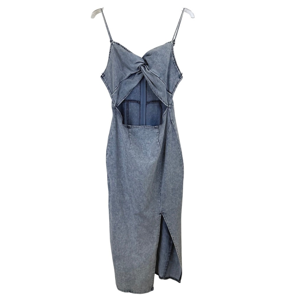 Saints + Secrets WOMEN XL Denim MIDI Dress Acid Wash Twist Front Cutout Slit - Picture 2 of 10